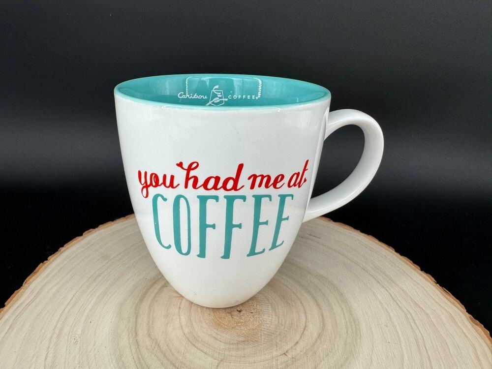 Caribou Coffee You Had Me At Coffee 14 Oz Mug 2015 White Aqua Ceramic Cup